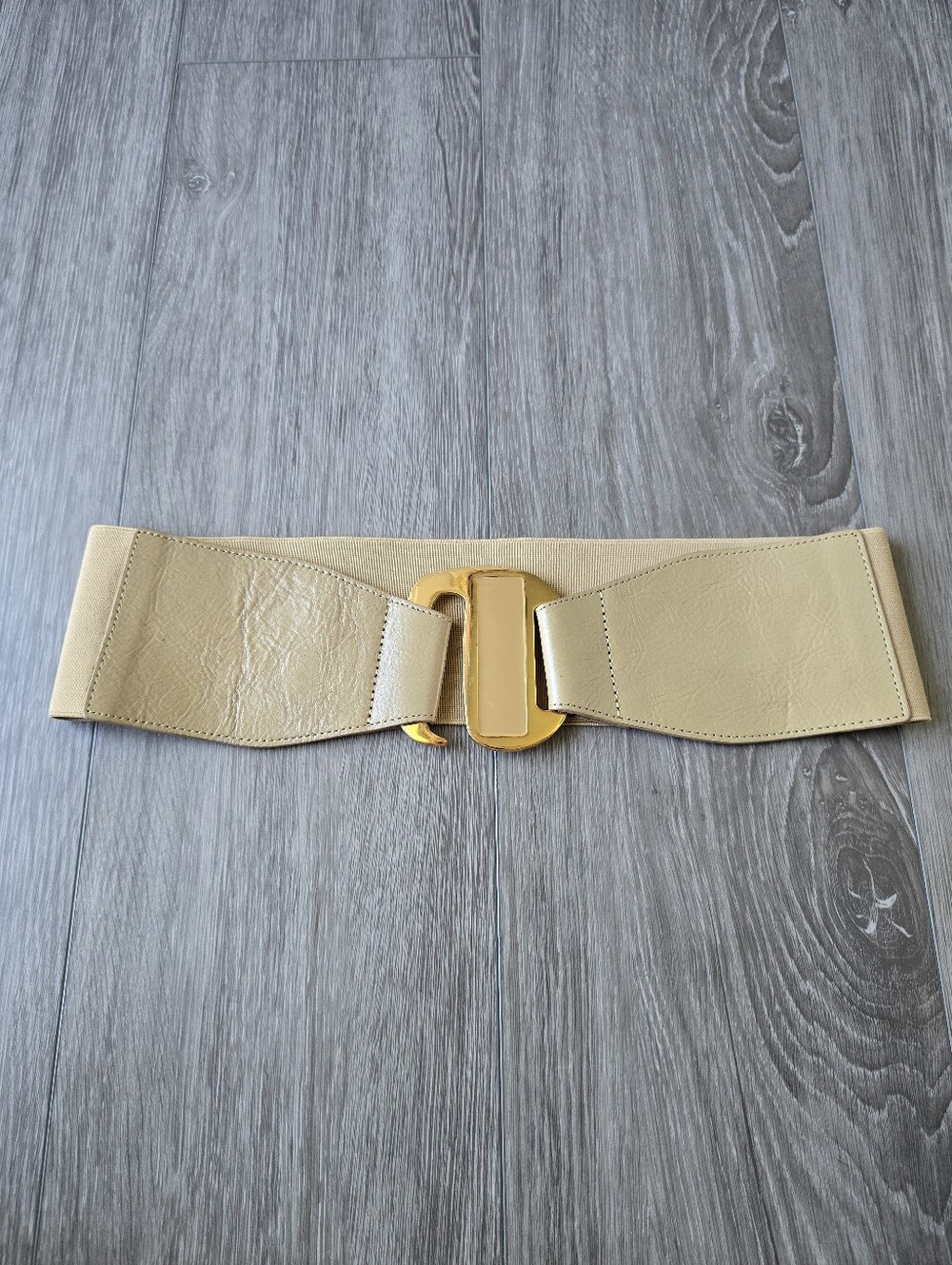 Arden B Tan Wide Elastic Stretch Waist Cinch Belt Gold Interlock Buckle S/M